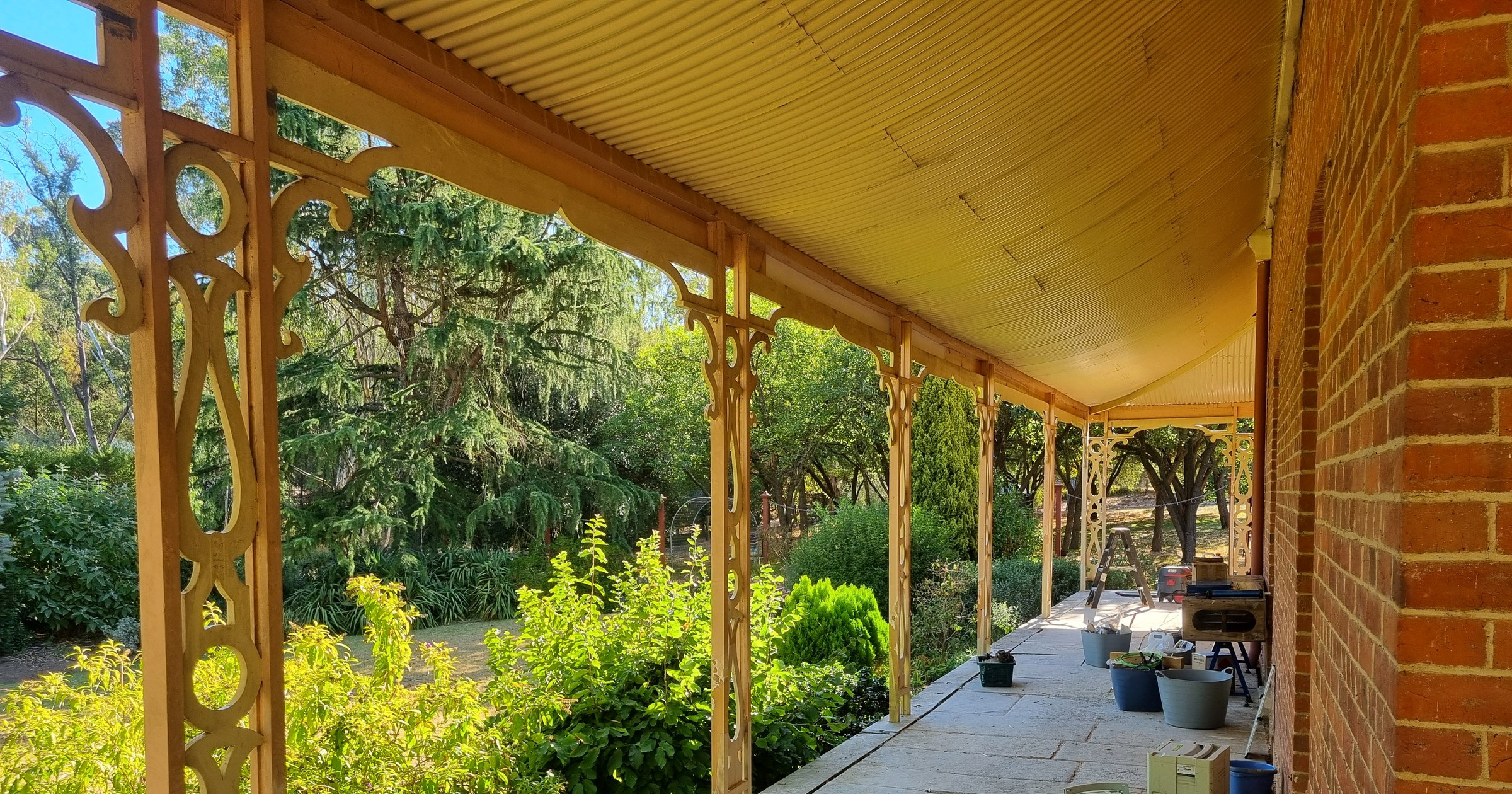 Restored Regency verandah with hand-cut fretwork brackets, Forest Hall, Castlemaine
