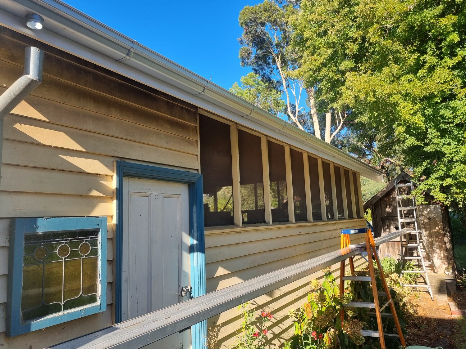Outbuildings & awning during works, the Lawson family home, Castlemaine