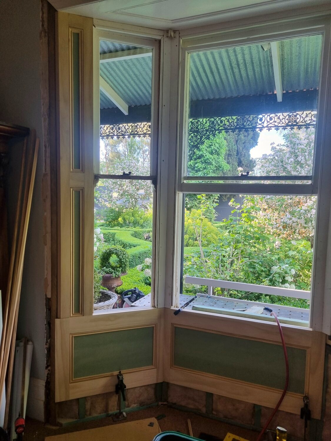 Restored sash windows in a bay, interior view