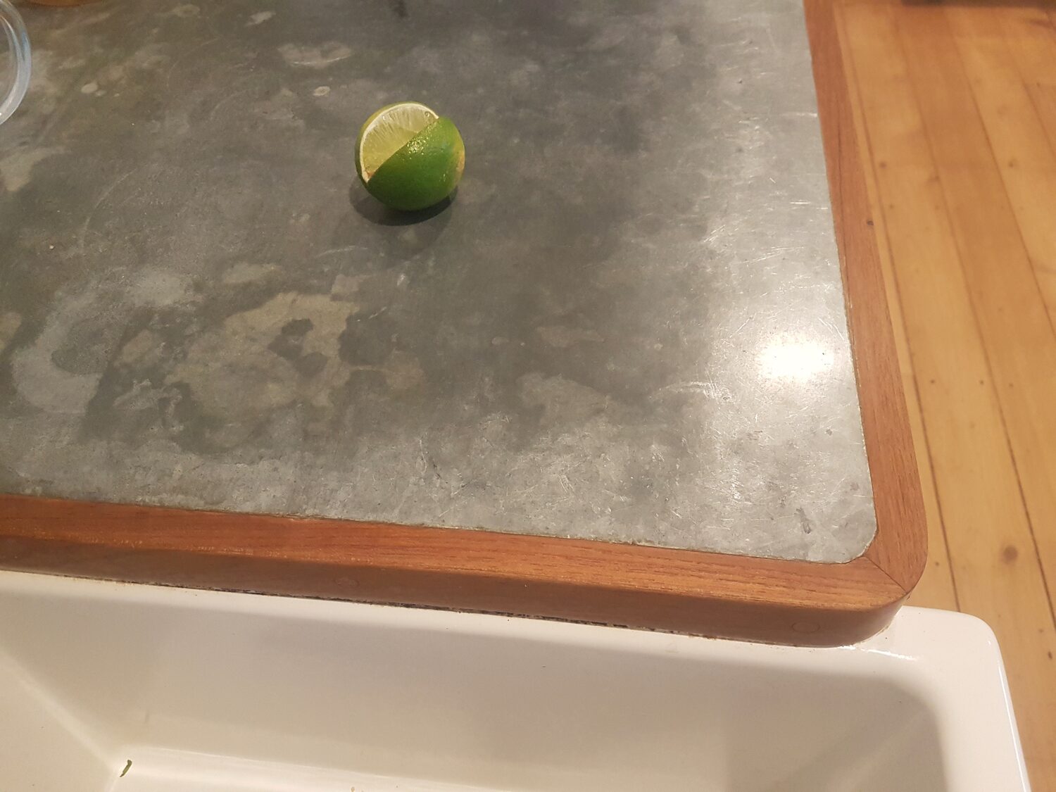 Timber-edged benchtop, close detail